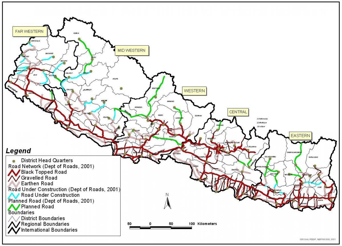 Kort vej nepal med distrikter