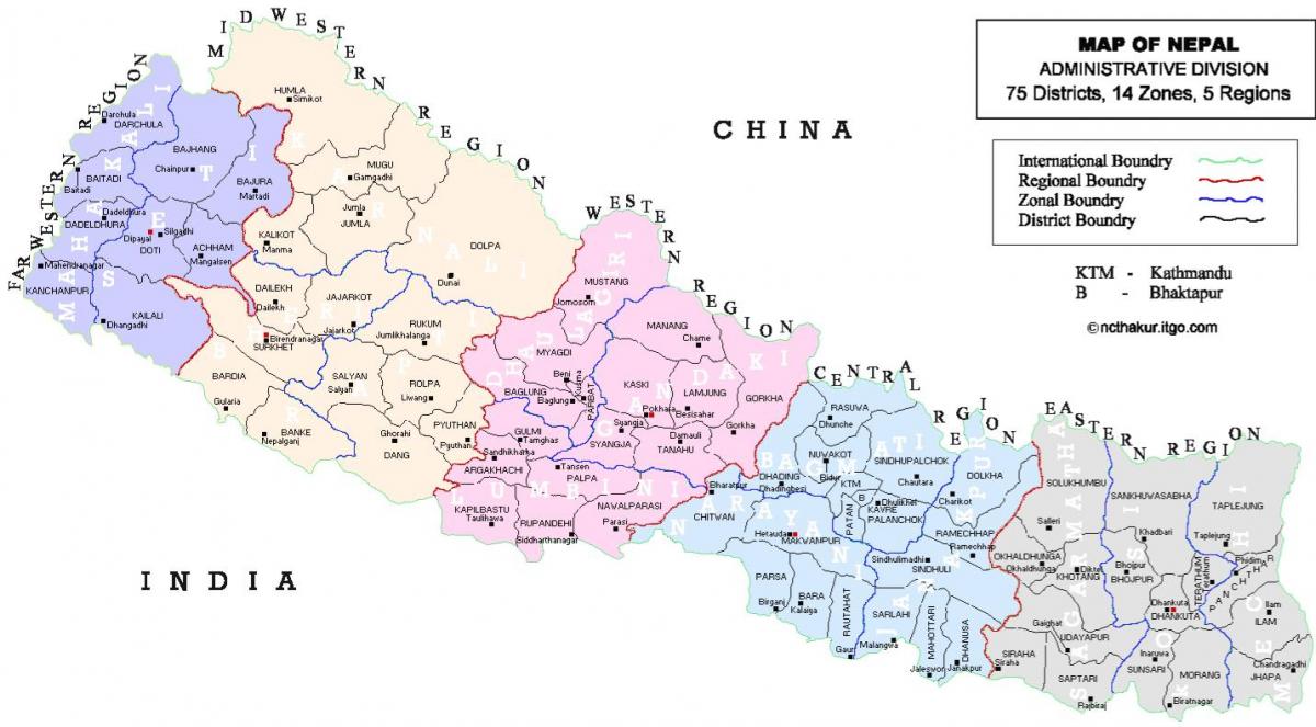 nepal politiske kort med distrikter