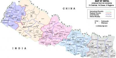 Nepal politiske kort med distrikter
